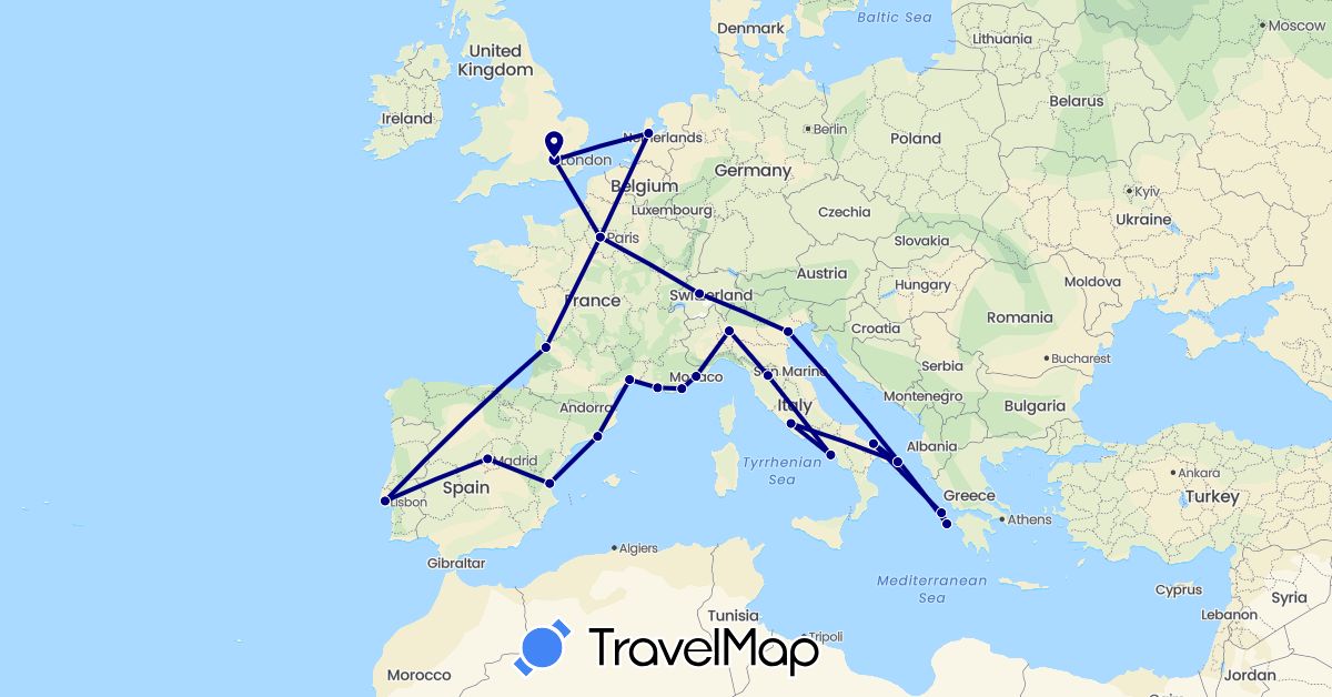 TravelMap itinerary: driving in Switzerland, Spain, France, United Kingdom, Greece, Italy, Monaco, Netherlands, Portugal (Europe)
